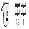 A white professional rechargeable hair clipper trimmer with multiple guard attachments and charging cable.