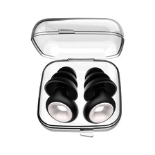 A clear plastic case containing a pair of black motorcycle noise reduction earplugs.