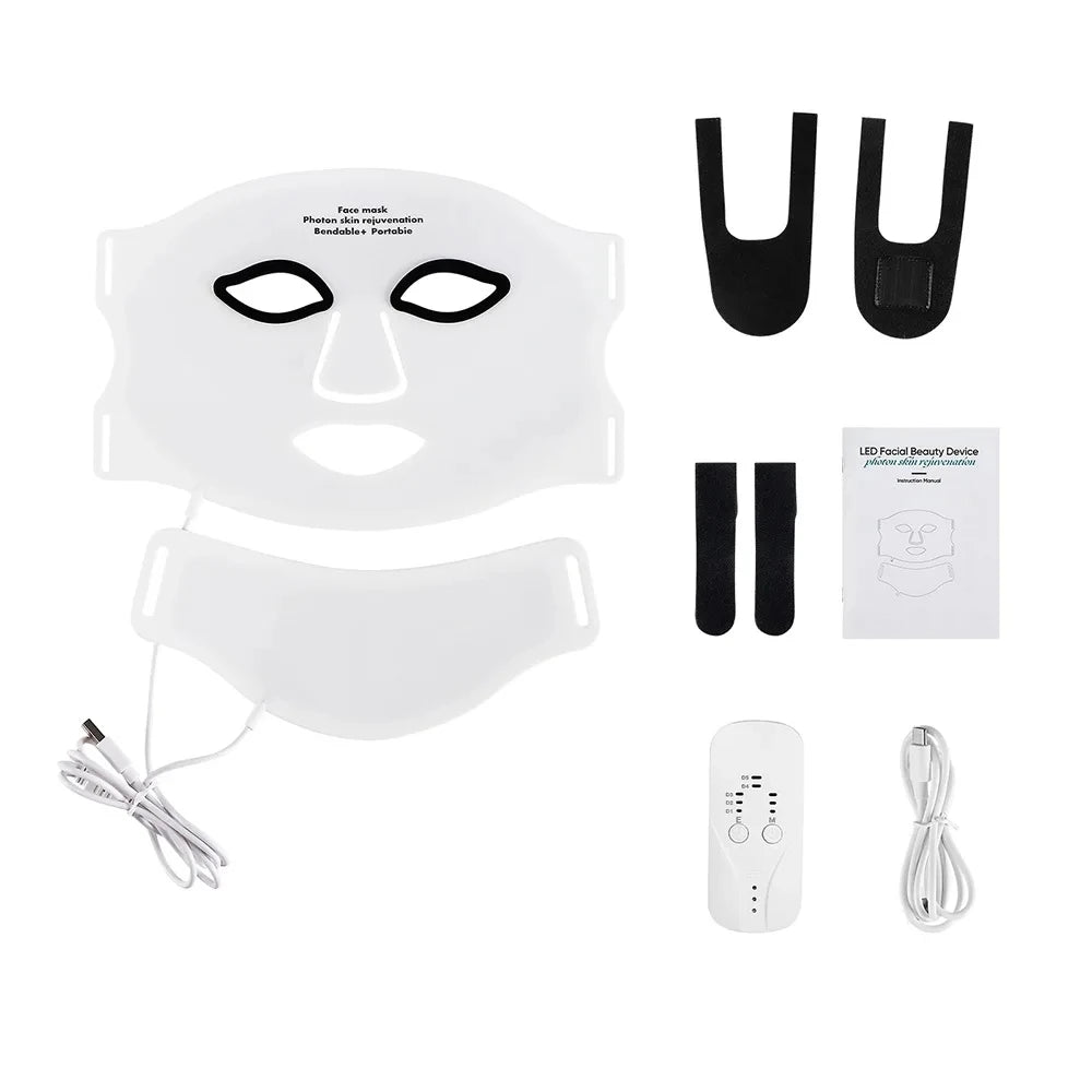 A white LED facial mask set including a face mask, silicone pads, and power cord.