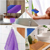 Purple exfoliating mesh body scrubbing towels and scrubbers displayed in various contexts.