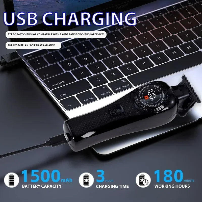 A black electric hair clipper is shown plugged into a laptop, demonstrating USB charging capability.