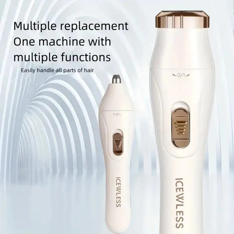 A white hair grooming tool with a gold accent, shown next to its disassembled parts.