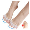 Soft gel toe separators shown on a foot, demonstrating their use for bunion relief and toe straightening.