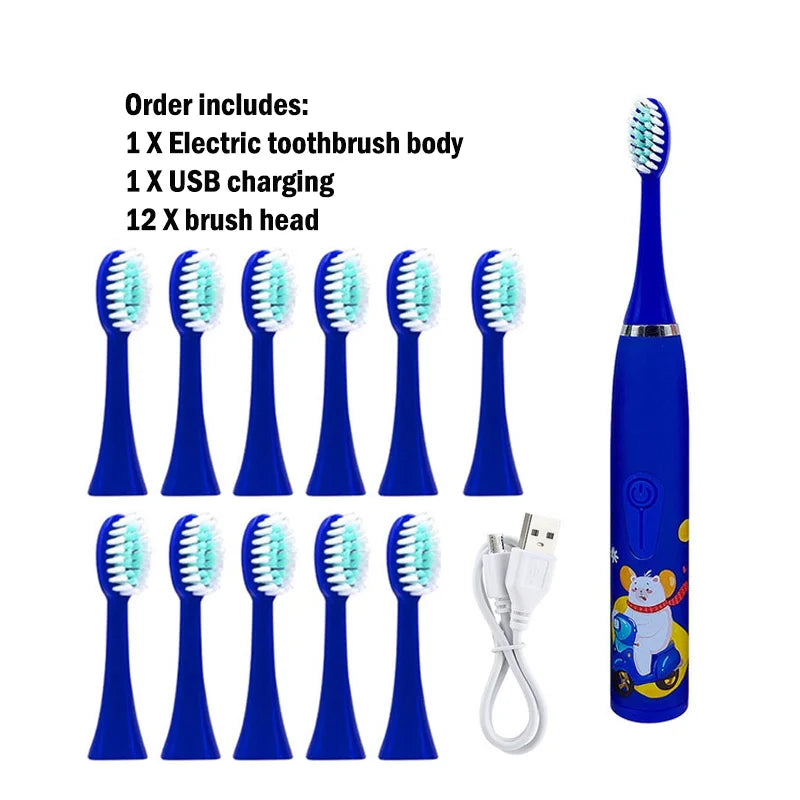 A blue electric toothbrush set including the body, USB charging cable, and twelve brush heads.