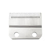 A silver professional clipper blade with a staggered tooth design and two holes.