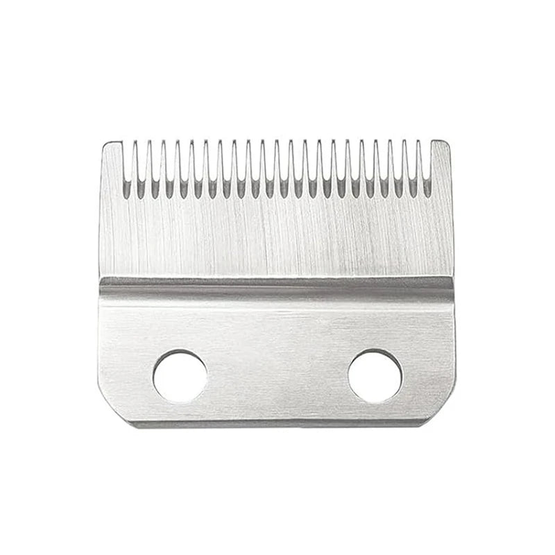 A silver professional clipper blade with a staggered tooth design and two holes.
