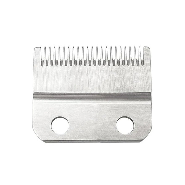 Lame de tondeuse professionnelle argentée avec un design à dents décalées et deux trous.