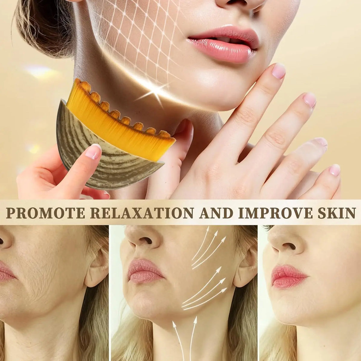 A woman is shown receiving a lymphatic contour facial massage using a golden brush on her face.