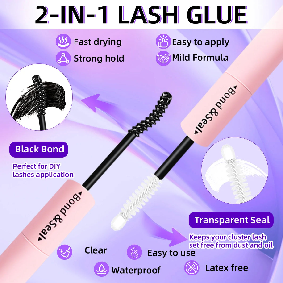 Pinkes Wimperkleberprodukt mit schwarzen Klebe- und transparenten Verschlussoptionen für DIY-Wimperanwendung