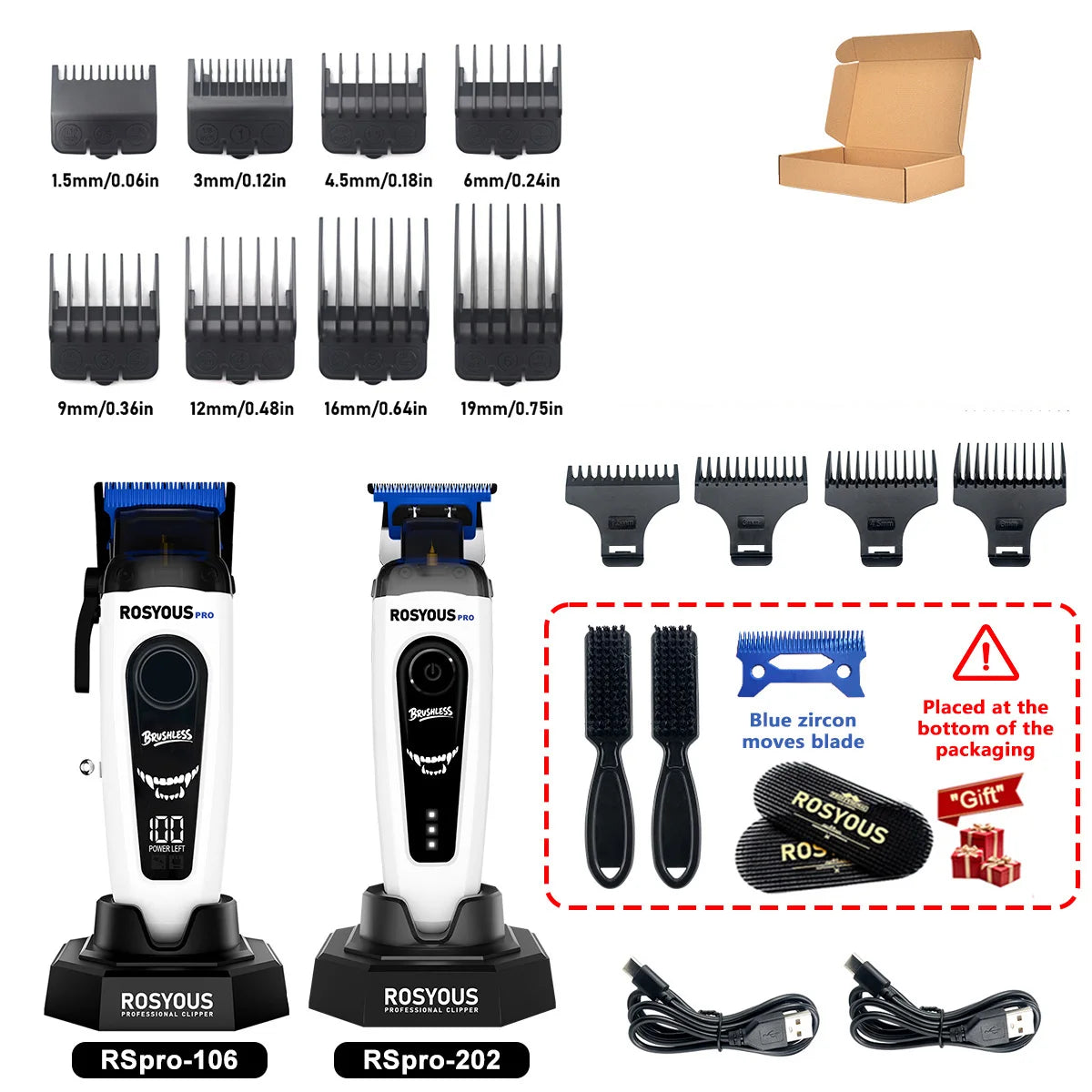 A set of Rosyous professional electric hair clippers and blades with various sizes and accessories.