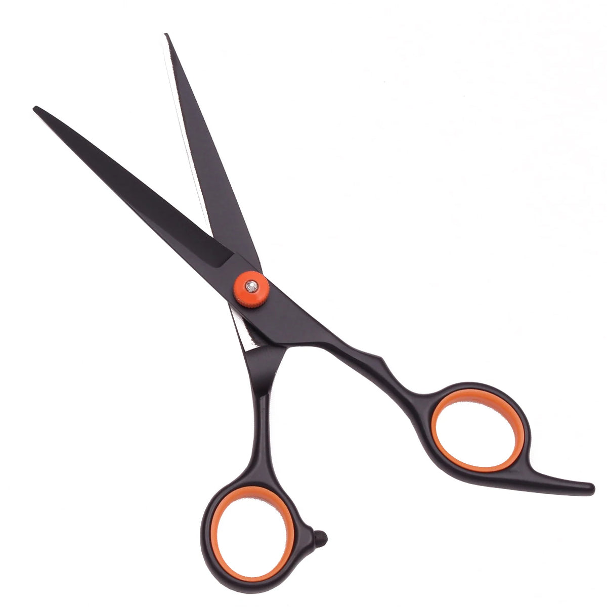 A pair of professional stainless steel hairdressing scissors with black handles and orange accents.
