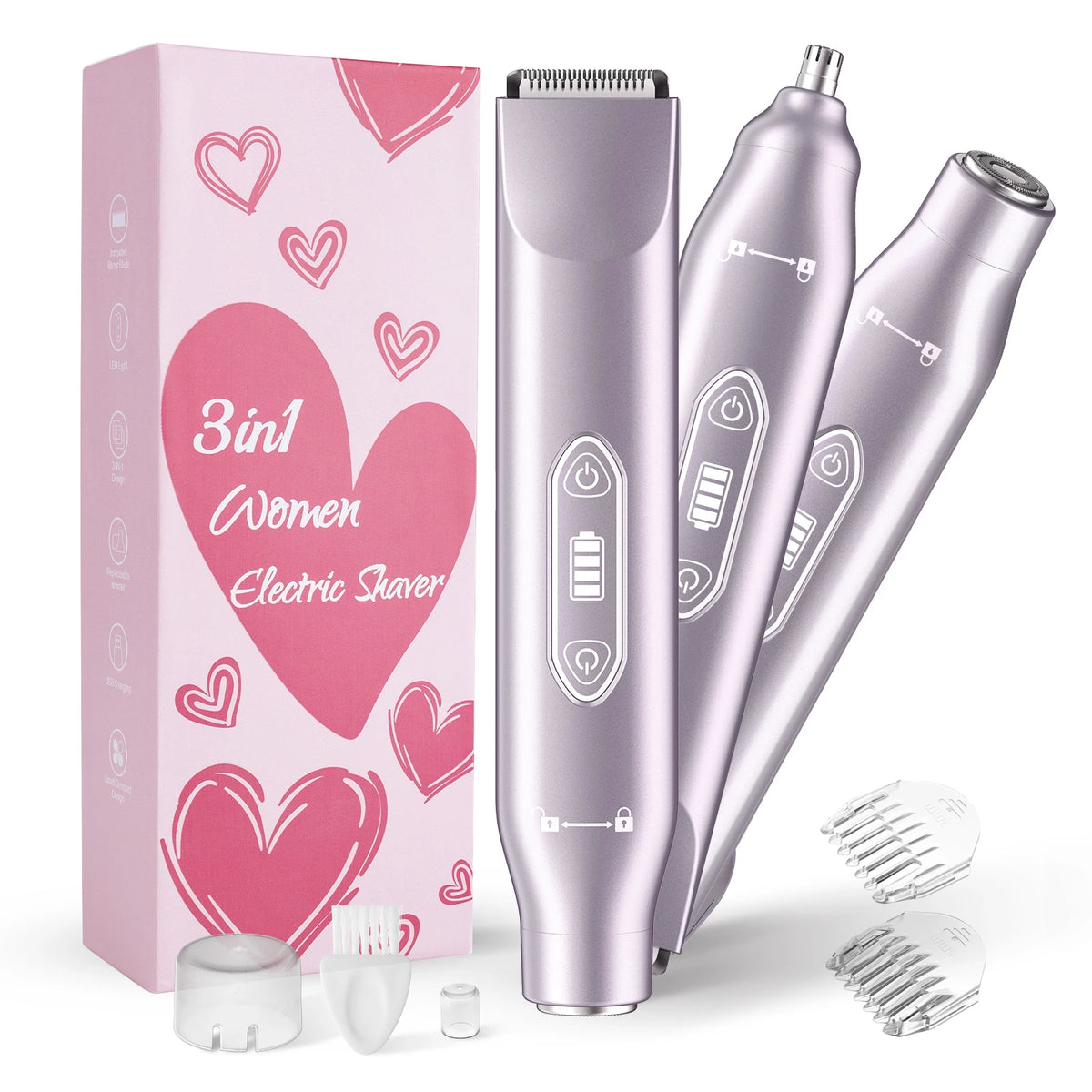 A pink electric shaver and multiple attachments are displayed on a white background.