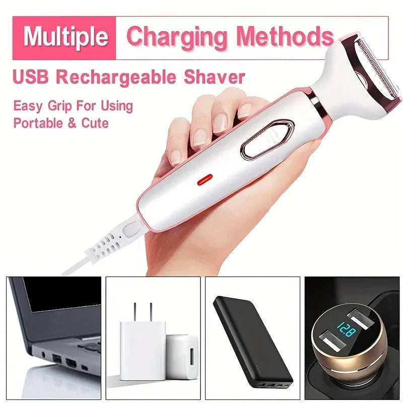 A hand holds a white USB rechargeable shaver, showing various charging methods including a laptop, power bank, and a wall ada