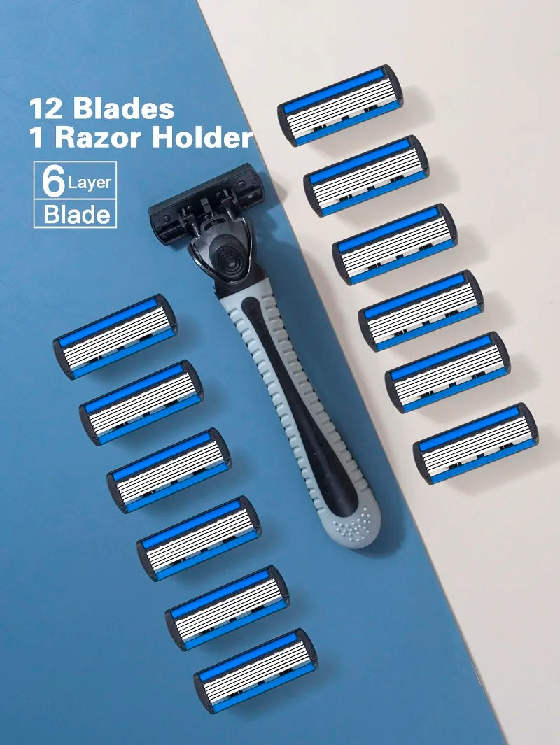 A safety razor holder with twelve blades is displayed on a blue background.