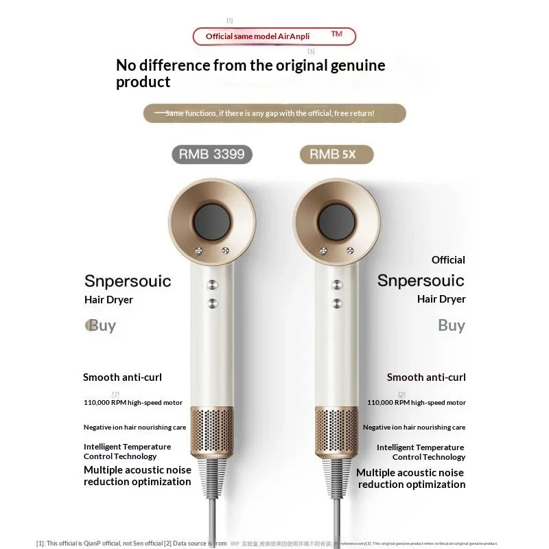 Comparison of a genuine and non-genuine Snpersouic hair dryer with features like temperature control and noise reduction.