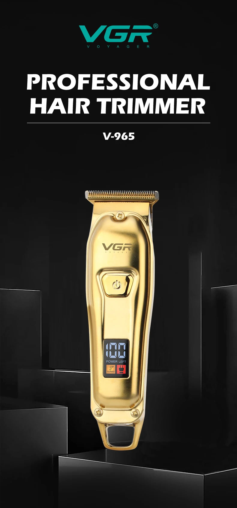 A gold VGR V-965 professional hair trimmer is shown against a black background.