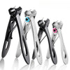 A set of professional stainless steel nail clippers shown in various angles and colors.