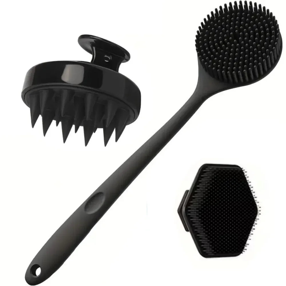A black long handle silicone body brush with a textured head and a separate flat brush attachment.