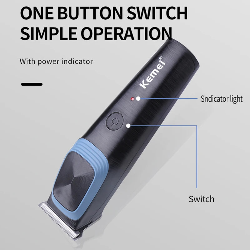 A black electric hair clipper with a single button switch and power indicator light.