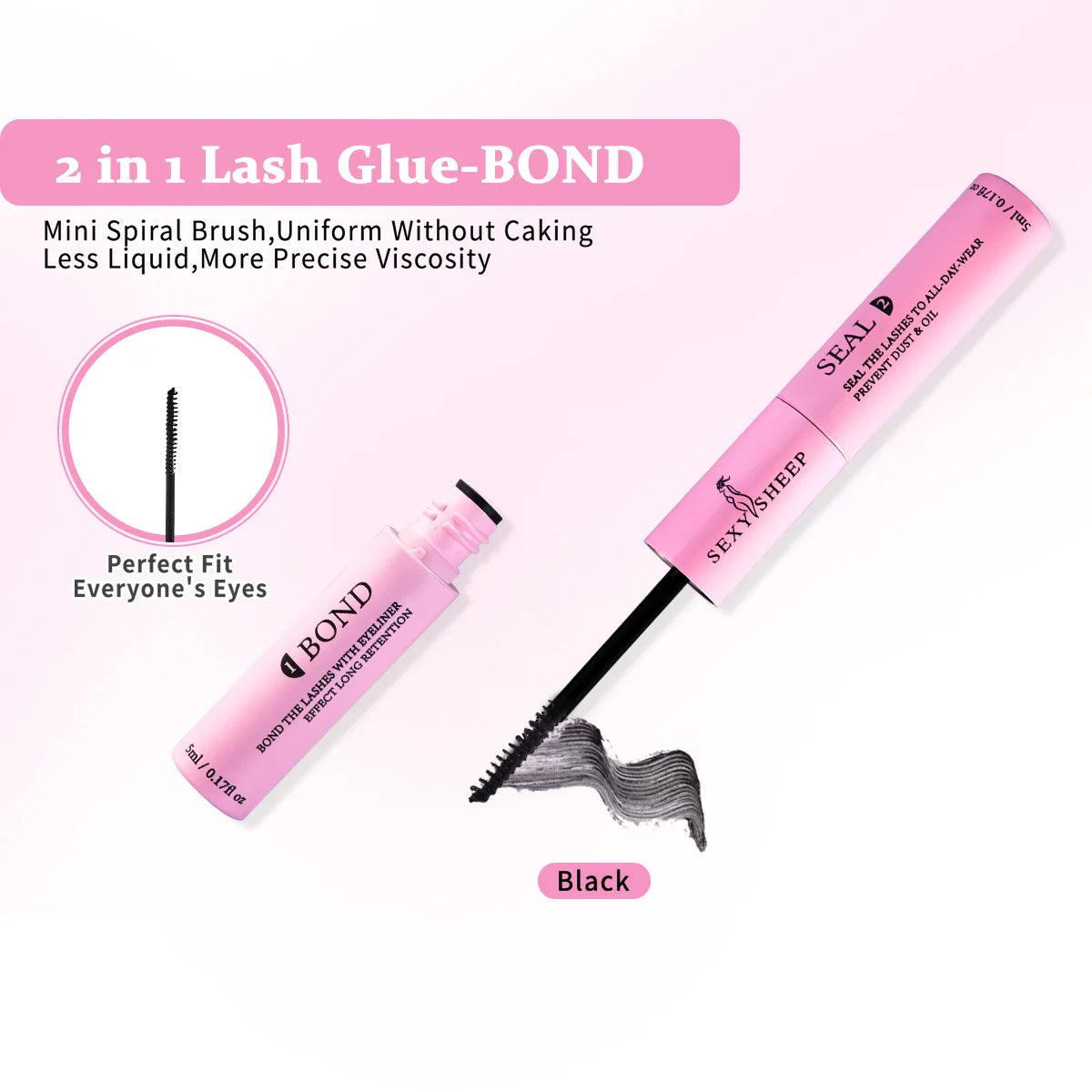 A pink lash glue-bond product featuring a mini spiral brush for uniform lash application.