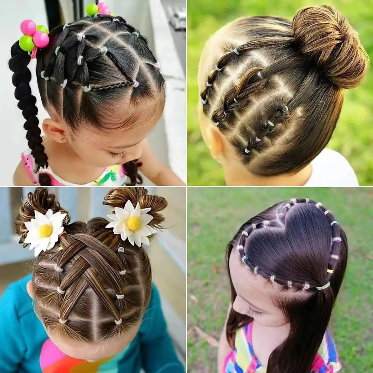 A collage showing various styles of braiding and hair ties used for styling children's hair.