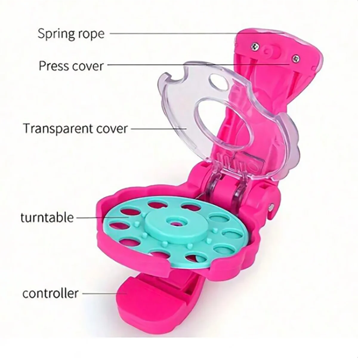 A pink hair braiding and jewelry craft set with a press cover, transparent cover, turntable, and controller.
