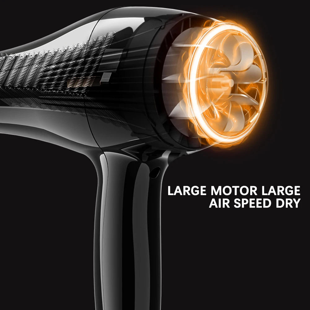 Nahaufnahme eines schwarzen Föhns mit beleuchtetem Heizelement und einem großen Motor.