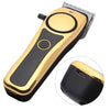 A gold and black professional LCD hair clipper set with a detachable round nose guard.