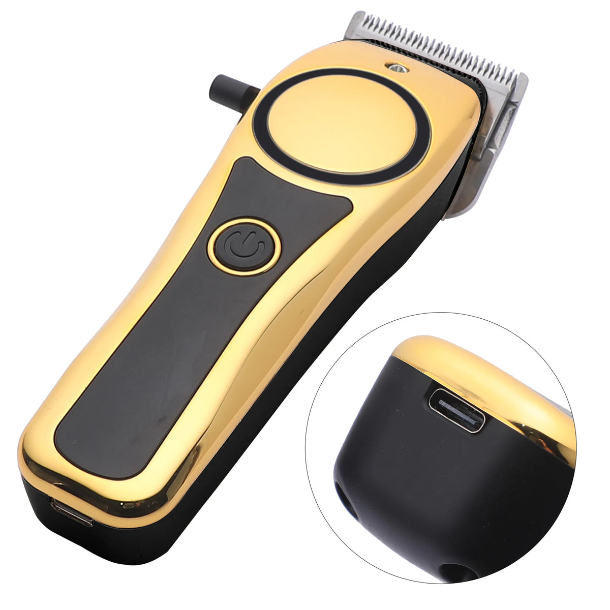 A gold and black professional LCD hair clipper set with a detachable round nose guard.