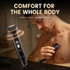 A man is using a black electric body hair trimmer on his chest, demonstrating comfort for the whole body.