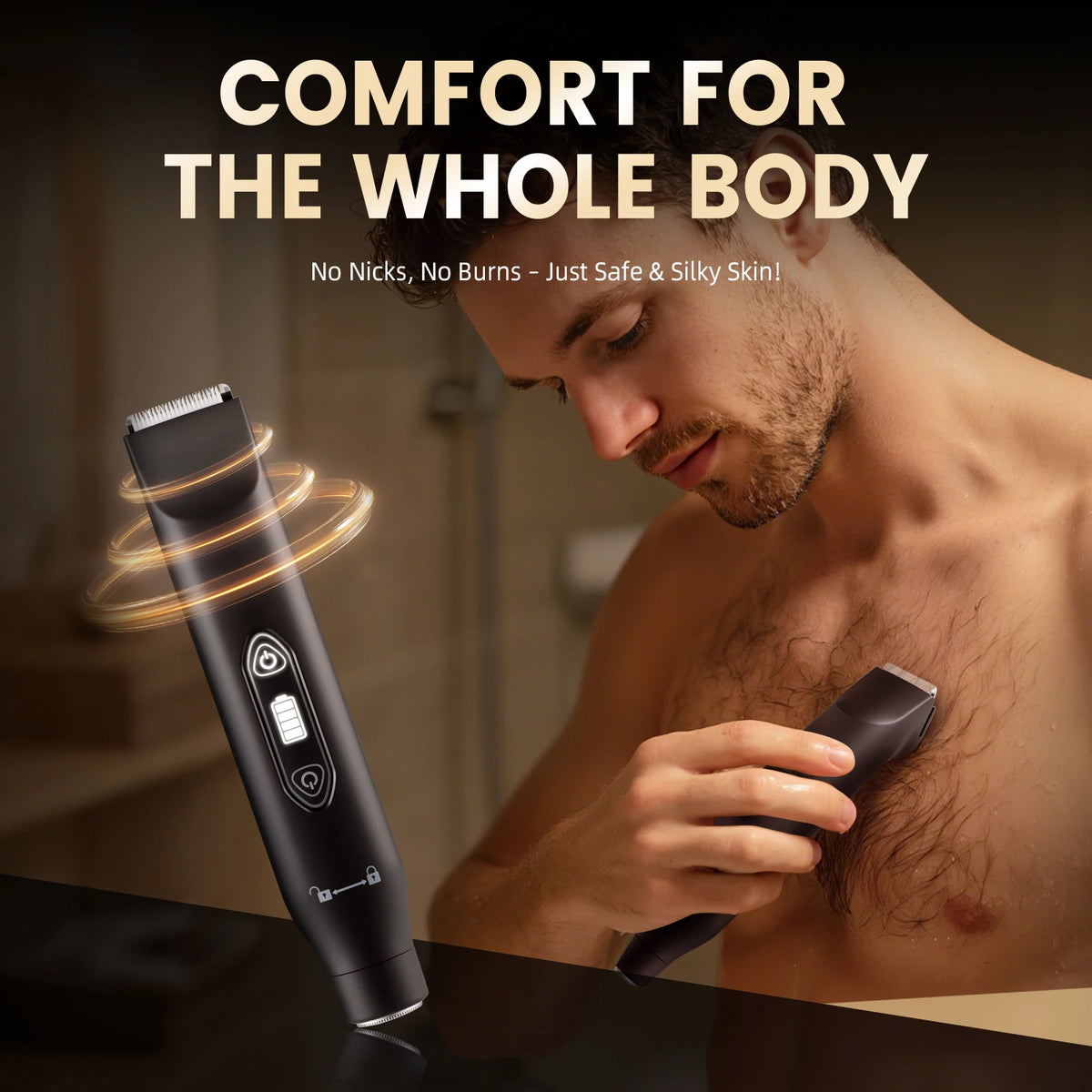 A man is using a black electric body hair trimmer on his chest, demonstrating comfort for the whole body.