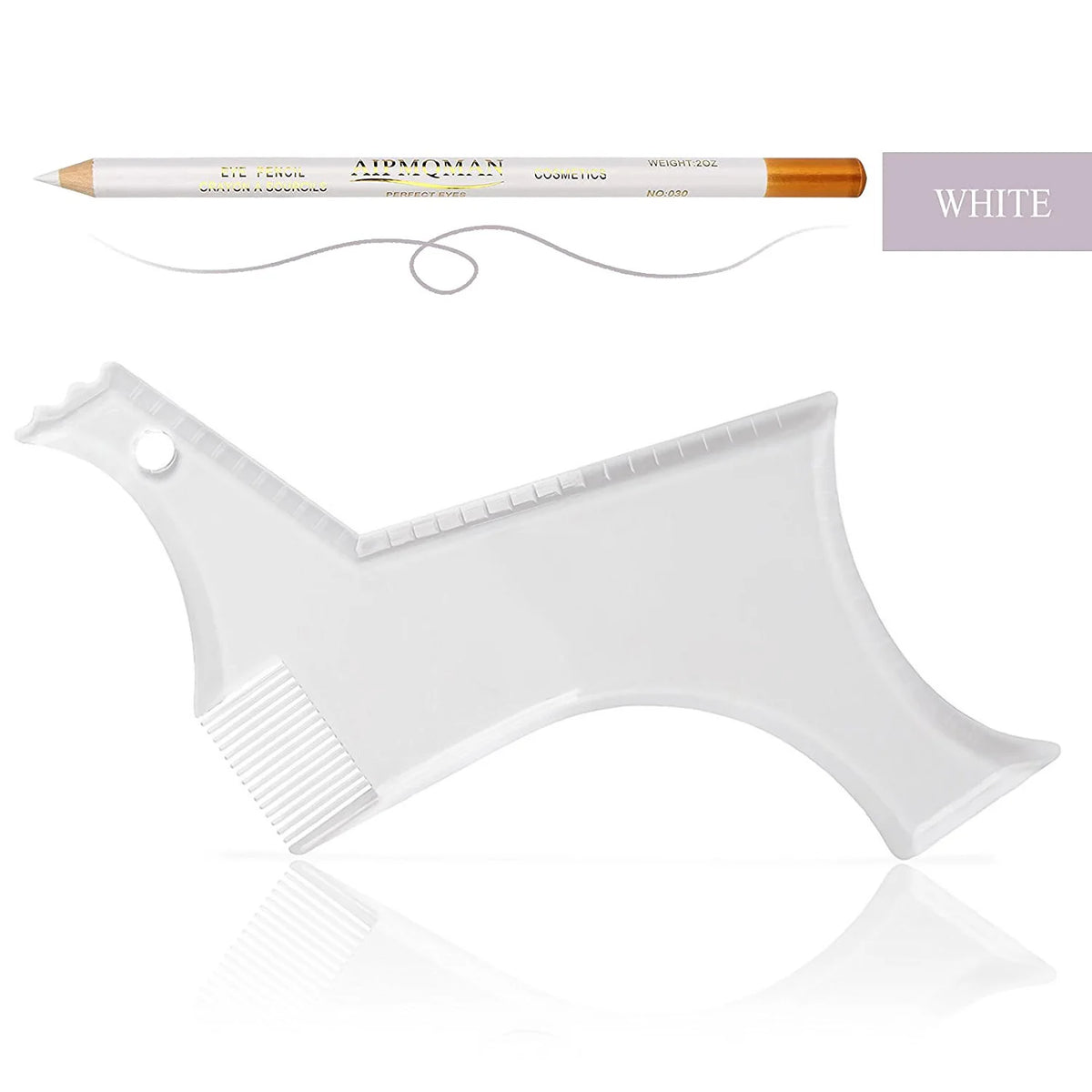 A white beard styling template and comb with an orange handle is shown next to the product.