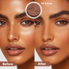 Before and after comparison of a model's skin using Cocoa setting powder.