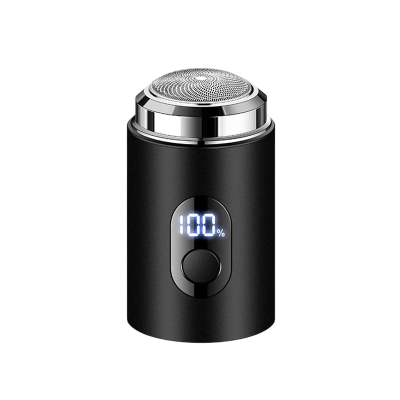 A black electric shaver with a silver head and a digital display showing 100% battery.