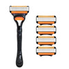 A black handle with six replacement razor heads, featuring orange and white blades.