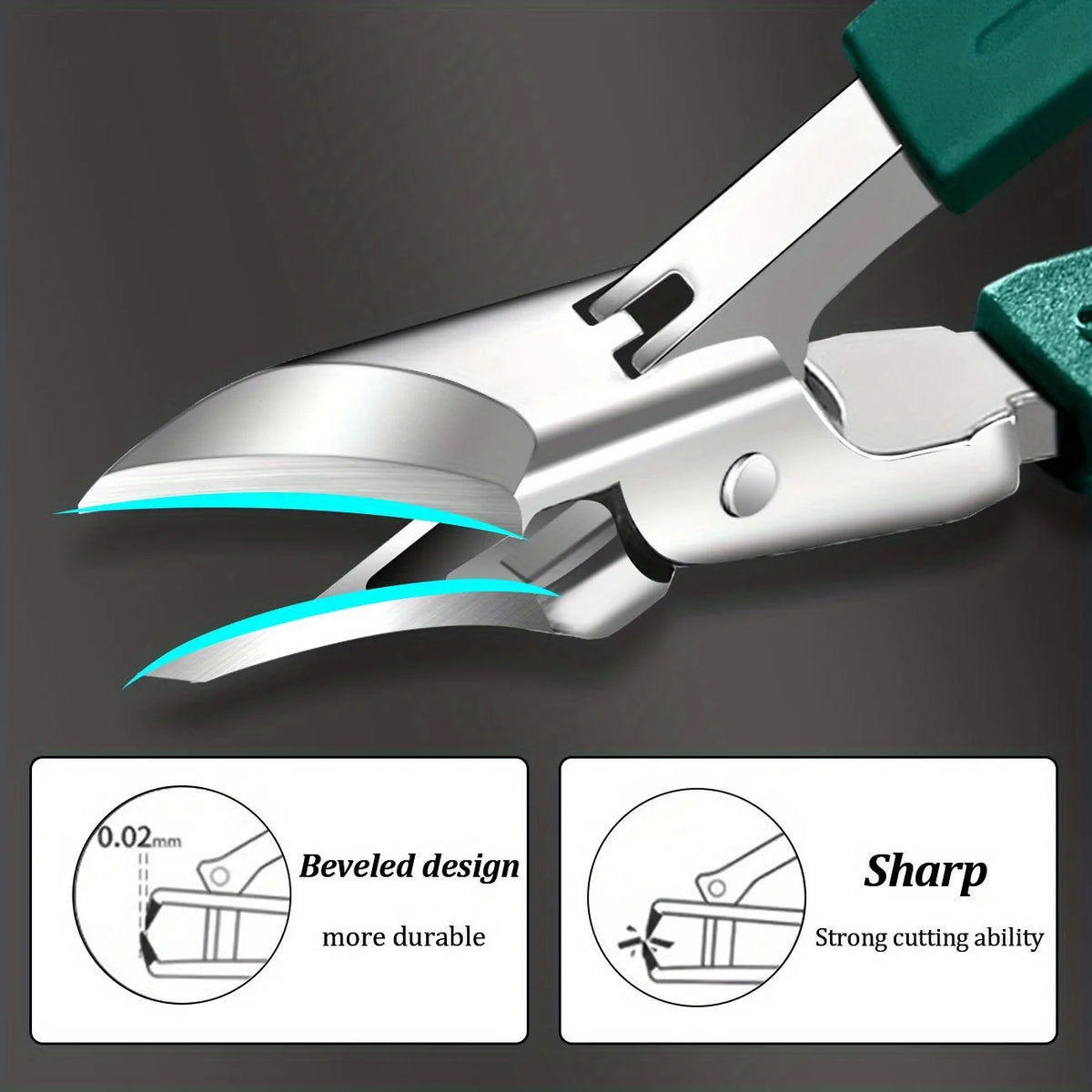 Silver nail clipper with green handle showing a beveled design and sharp cutting ability