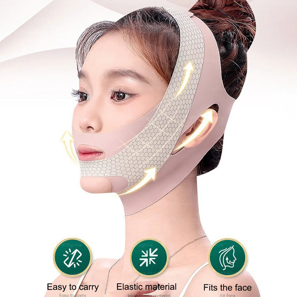 A woman is shown wearing a pink V-Line face sculpting and slimming strap device on her face.