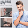 A man is shown using professional rechargeable facial hair trimming tools to trim ear and nose hair.