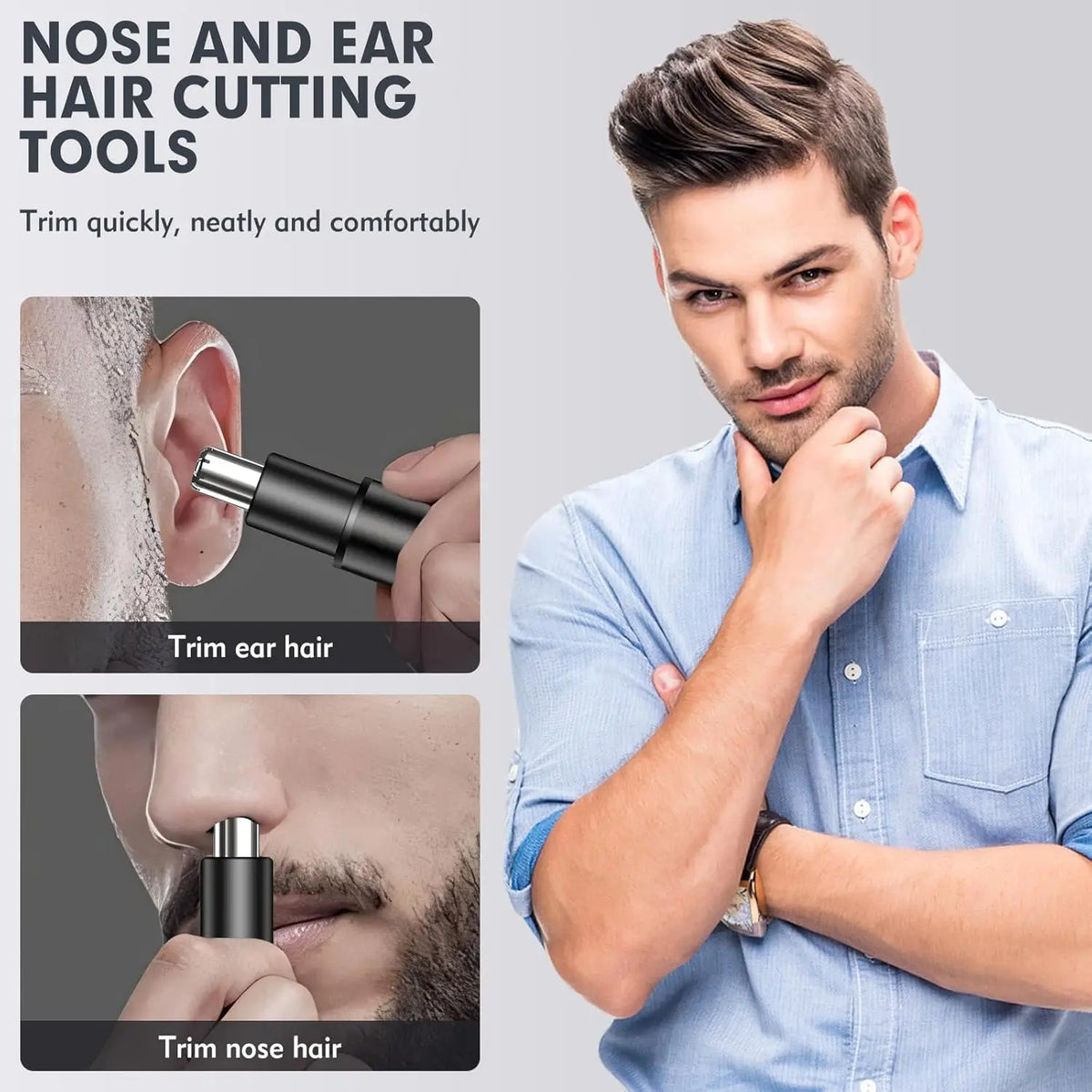 A man is shown using professional rechargeable facial hair trimming tools to trim ear and nose hair.
