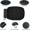 Black exfoliating body scrubbing gloves showing perfect seams, inside details, elastic band, and design for hanging.