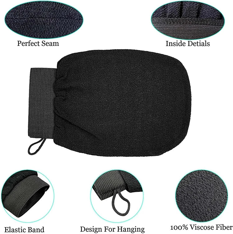 Black exfoliating body scrubbing gloves showing perfect seams, inside details, elastic band, and design for hanging.