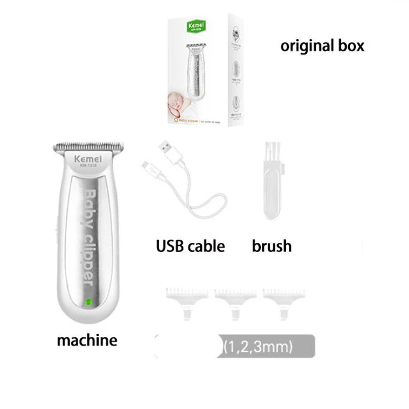 Image showing a Kemel baby clipper machine, original box, USB cable, and brush.