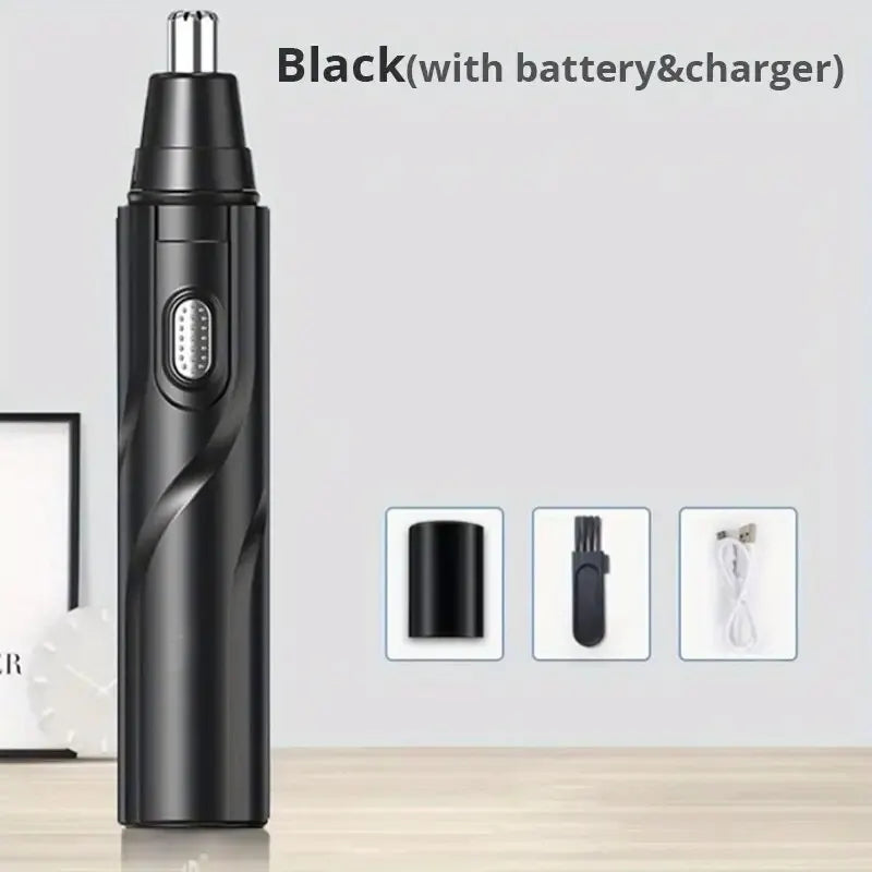 Black electric nose hair trimmer with battery and charger shown on a wooden surface.