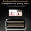 Close-up view of a black electric shaver with stainless steel double mesh blades and a gold-colored shaving head.