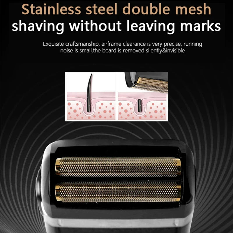 Close-up view of a black electric shaver with stainless steel double mesh blades and a gold-colored shaving head.