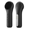 A black sonic facial cleansing brush with a textured head and control buttons is shown from the side.