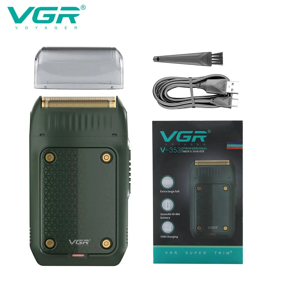 A VGR V-353 men's shaver in dark green, shown with accessories and packaging.