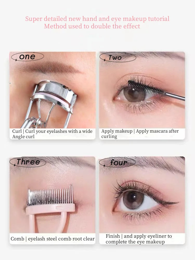 Tutorial showing three methods for curling eyelashes using a metal curler and a comb to complete eye makeup.