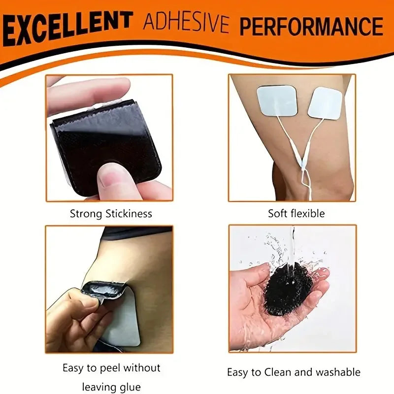 Reusable electrode pads shown demonstrating strong stickiness, soft flexibility, ease of peeling, and cleanability.