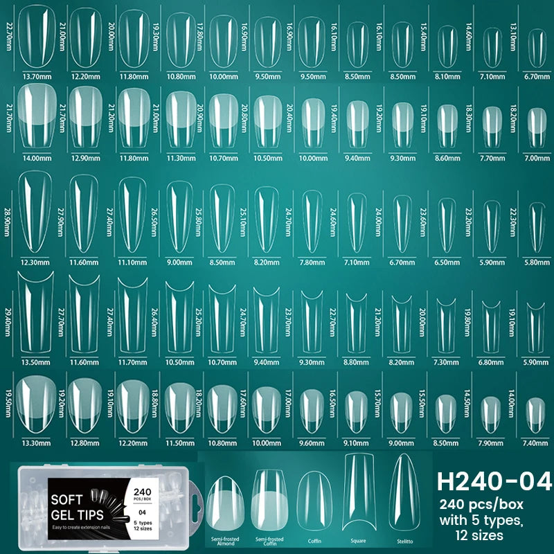 Présentation de différentes tailles et formes de tips en gel souple pour ongles acryliques dans une boîte.